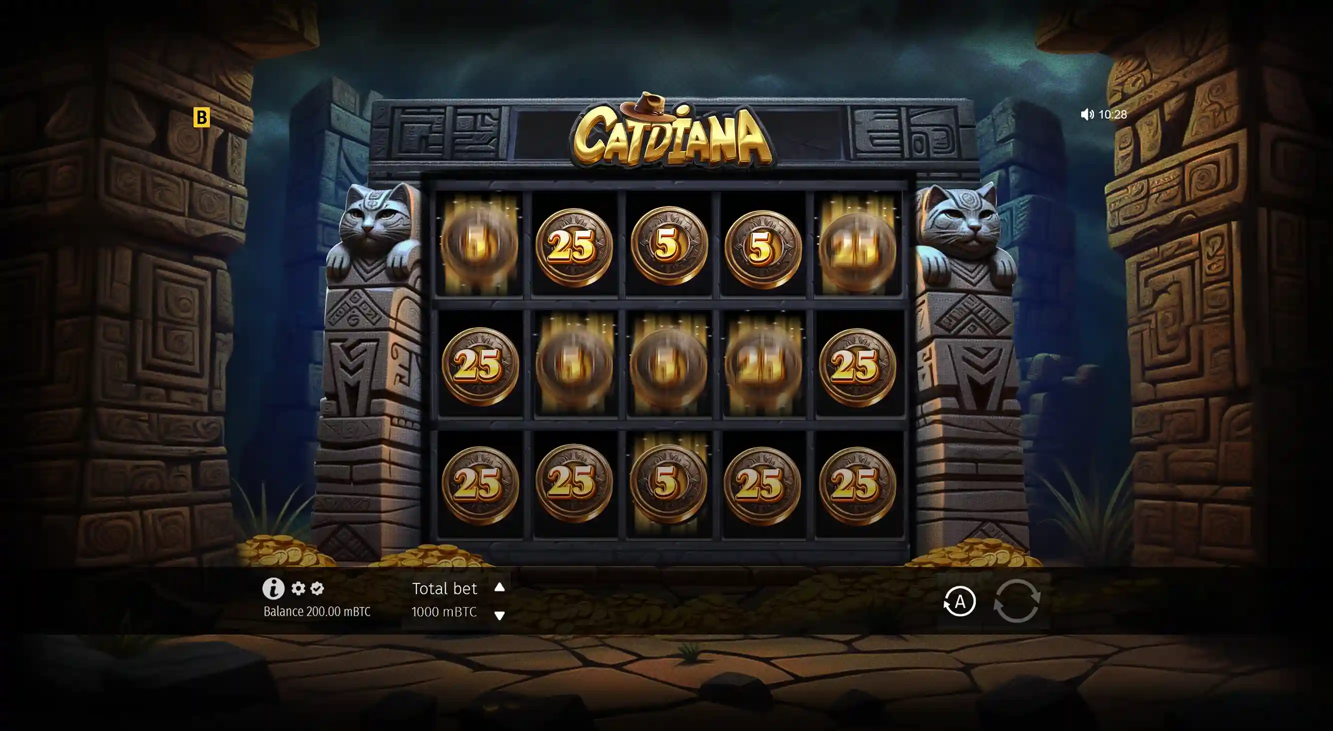 Game interface showing reels with special symbols like a hat, gem, and Egyptian-style statues.