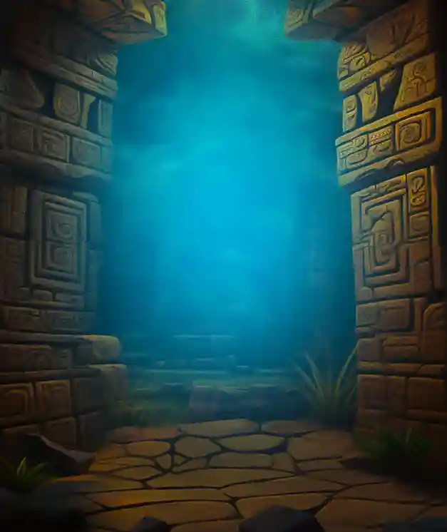 Ancient stone temple entrance with mystical blue light