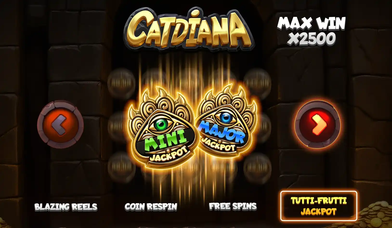 Mini and Major jackpot icons with options for free spins and blazing reels