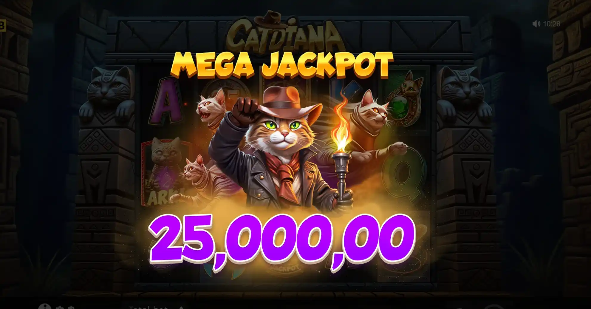 Mega Jackpot win screen showing 25,000 prize