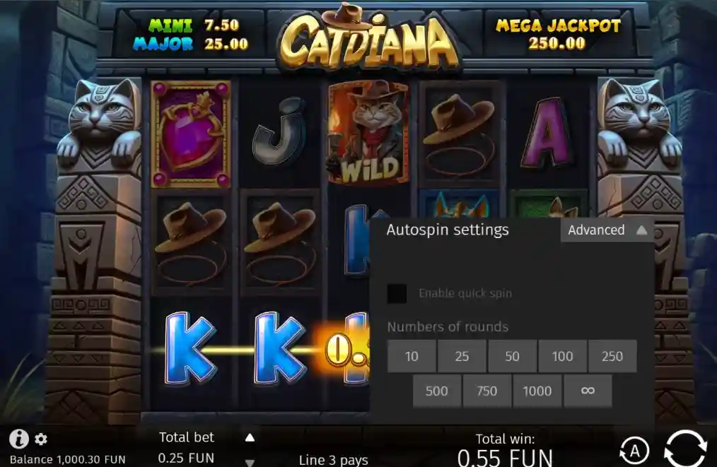 Slot game settings screen with options for auto-spin and betting.