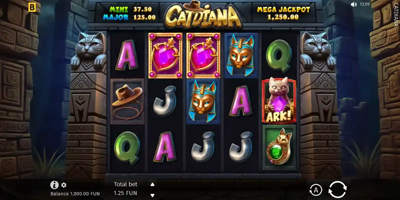 Slot game screen showing symbols, paylines, and jackpot options.