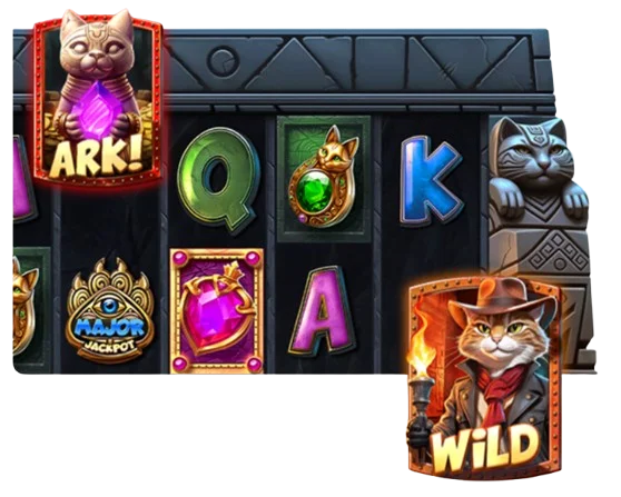 Slot game screen showing symbols, paylines, and jackpot options.