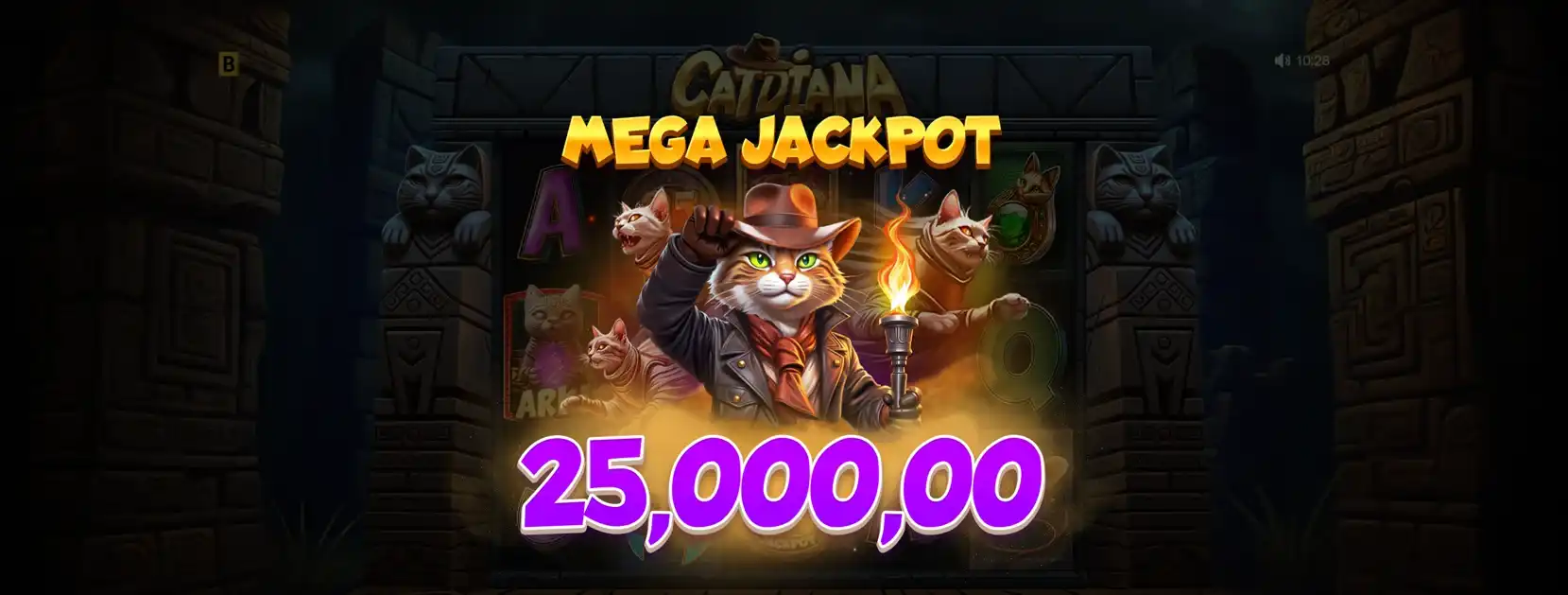 Slot game screen showing symbols, paylines, and jackpot options.